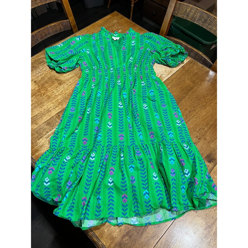 Umgee Green Ruffled Boho Midi Dress Puff Sleeves V-neck Smocked Waist Size Large